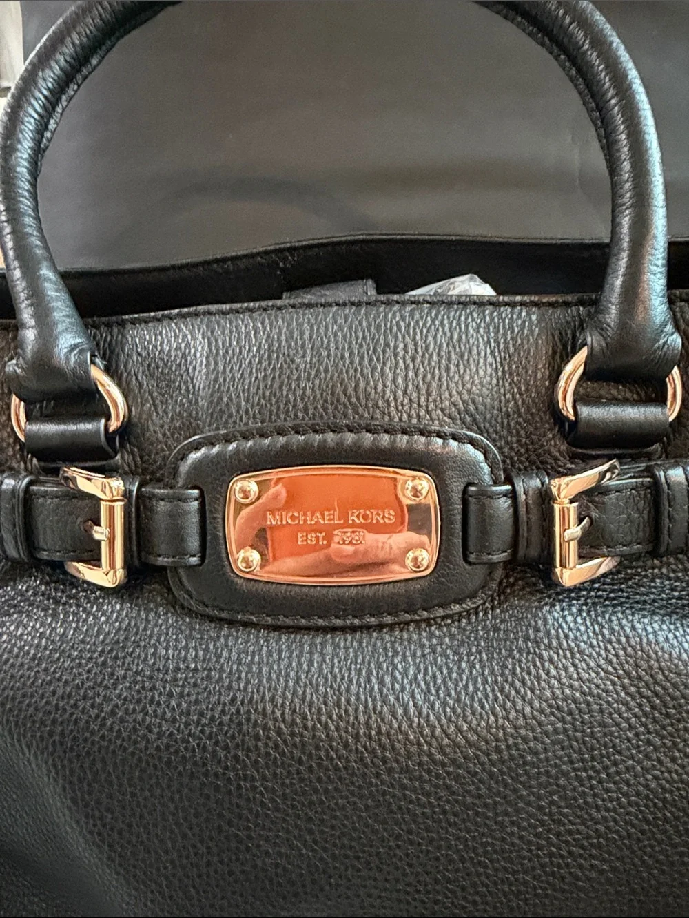 Michael Kors Black Pebbled Leather Satchel with Rose Gold Tone Plaque